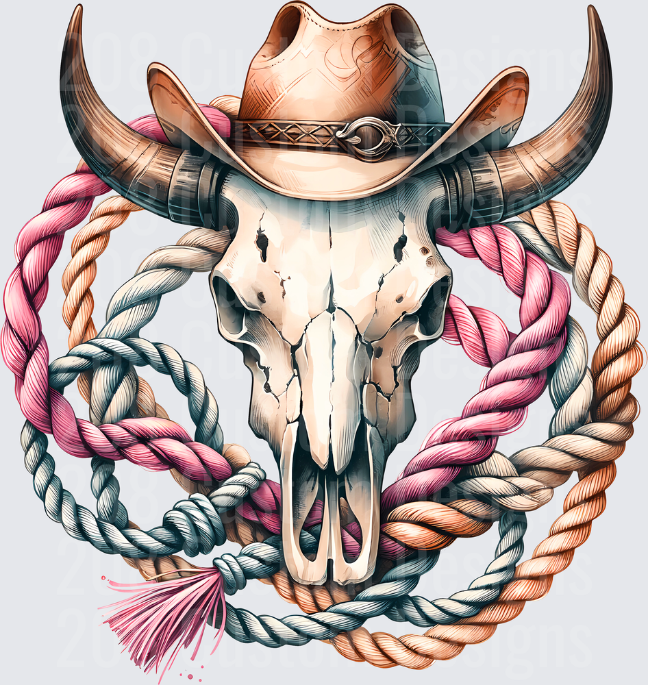 Cowboy Hat Bull Skull with Colorful Rope Border Western Design