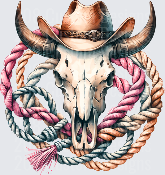 Cowboy Hat Bull Skull with Colorful Rope Border Western Design