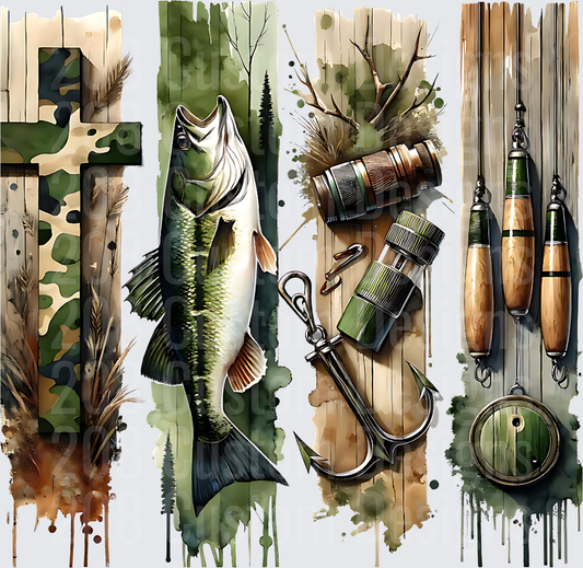 Bass Fishing Cross with Tackle and Lures Watercolor Design