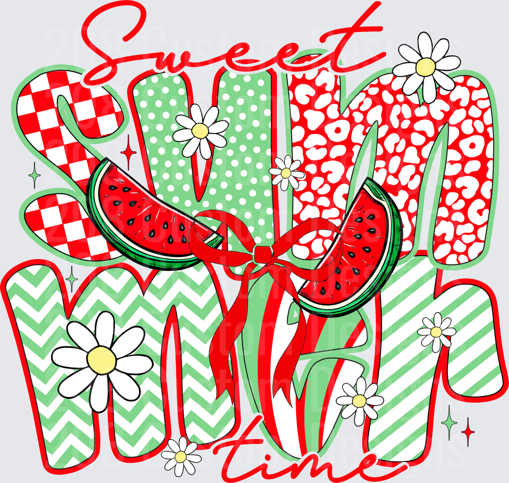 Sweet Summertime Watermelon Slice Retro Lettering with Daisies