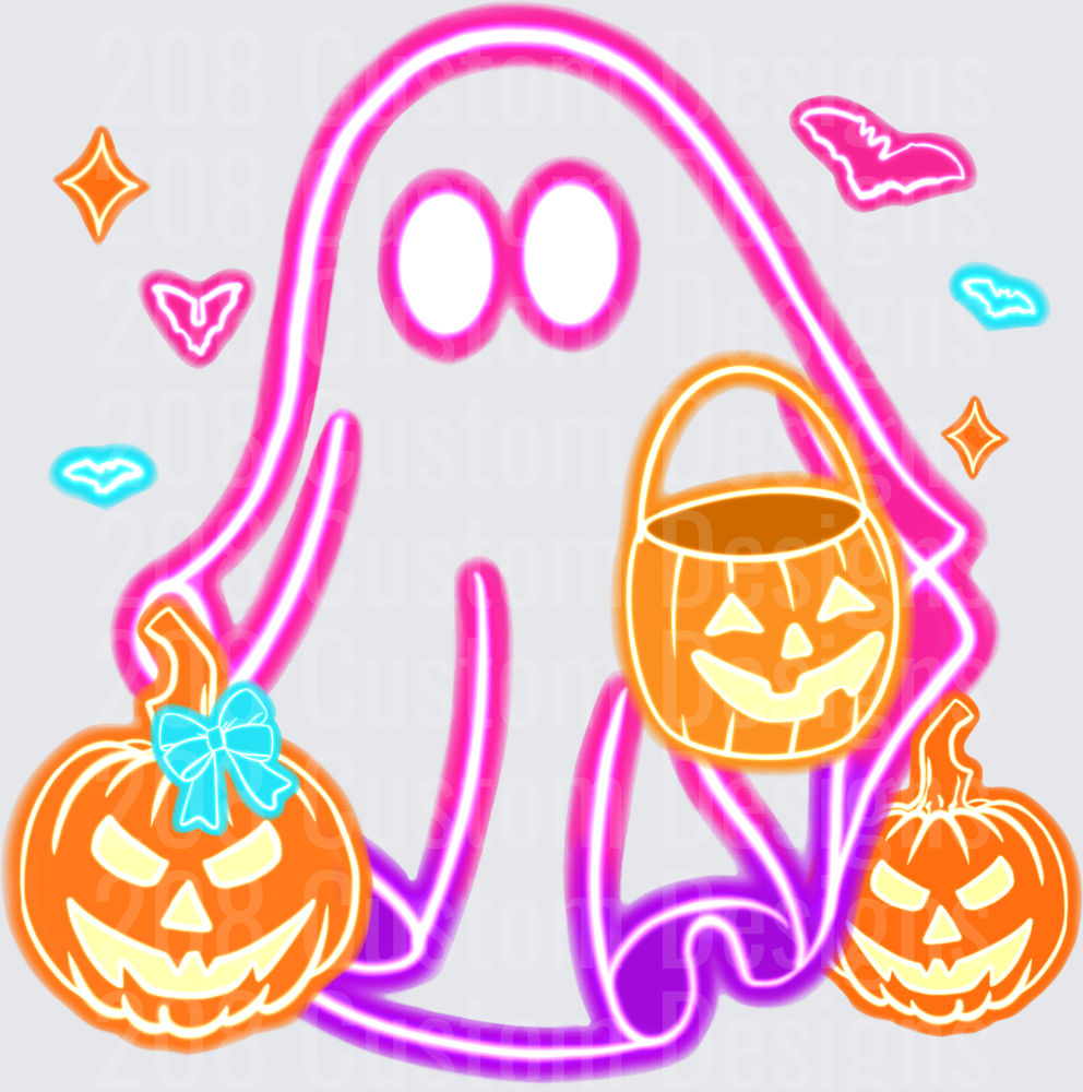 Neon Ghost Holding Jack-O-Lantern Bucket with Pumpkins