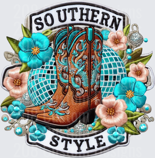 Southern Style Cowboy Boots with Turquoise Flowers and Disco Balls