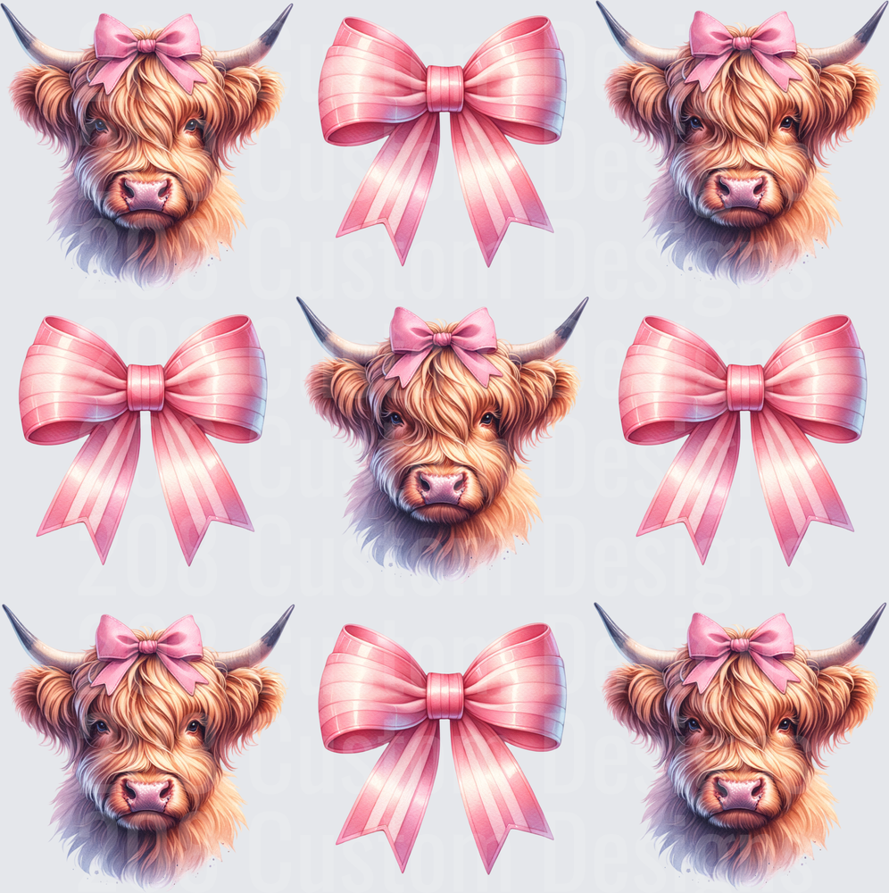 Adorable Highland Cow with Pink Bow Pattern