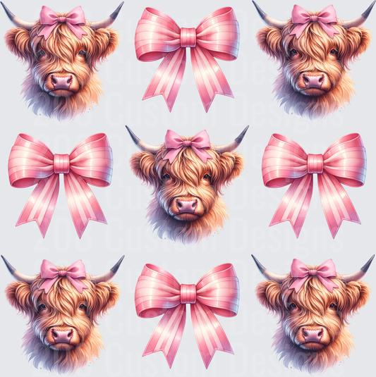 Adorable Highland Cow with Pink Bow Pattern