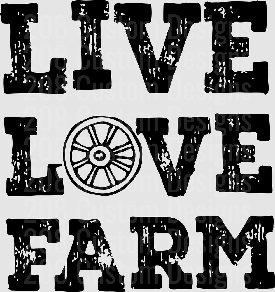 Live Love Farm Distressed Typography with Wagon Wheel