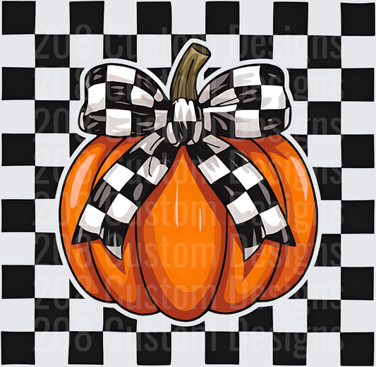 Orange Pumpkin with Black and White Checkered Bow