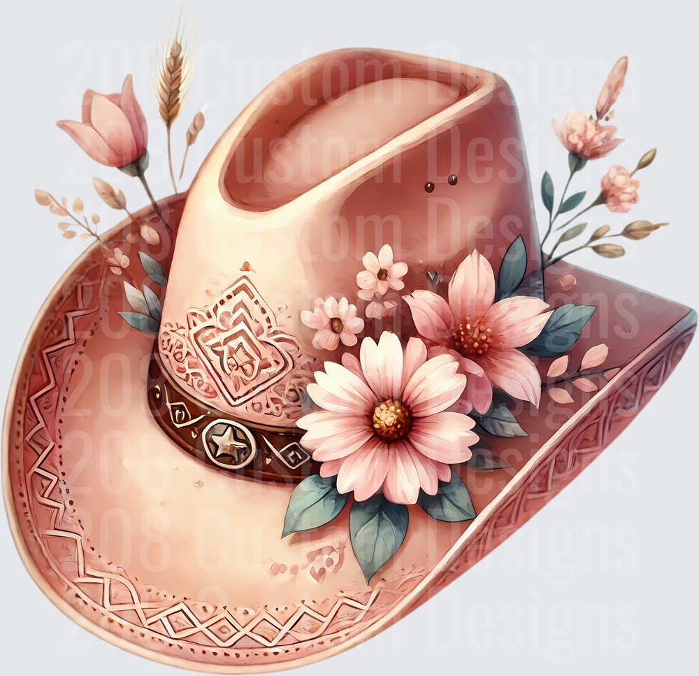 Western Cowboy Hat with Pink Floral Blooms and Decorative Band