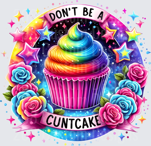 Don't Be A Cuntcake Rainbow Cupcake with Stars and Roses