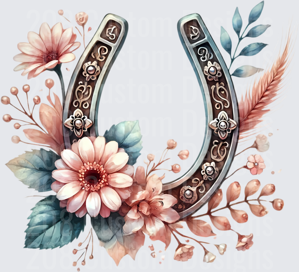 Ornate Horseshoe with Pink Flowers and Blue Leaves Boho Design