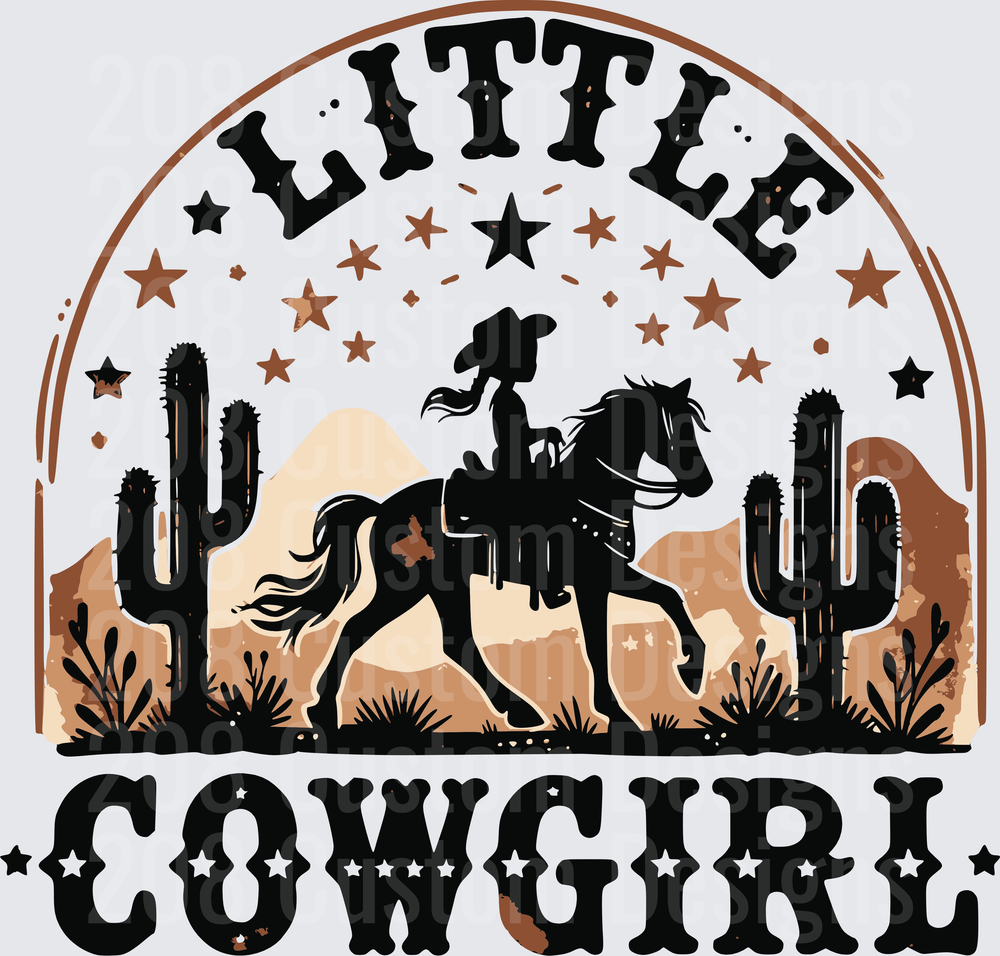 Little Cowgirl Western Desert Scene with Cactus and Stars