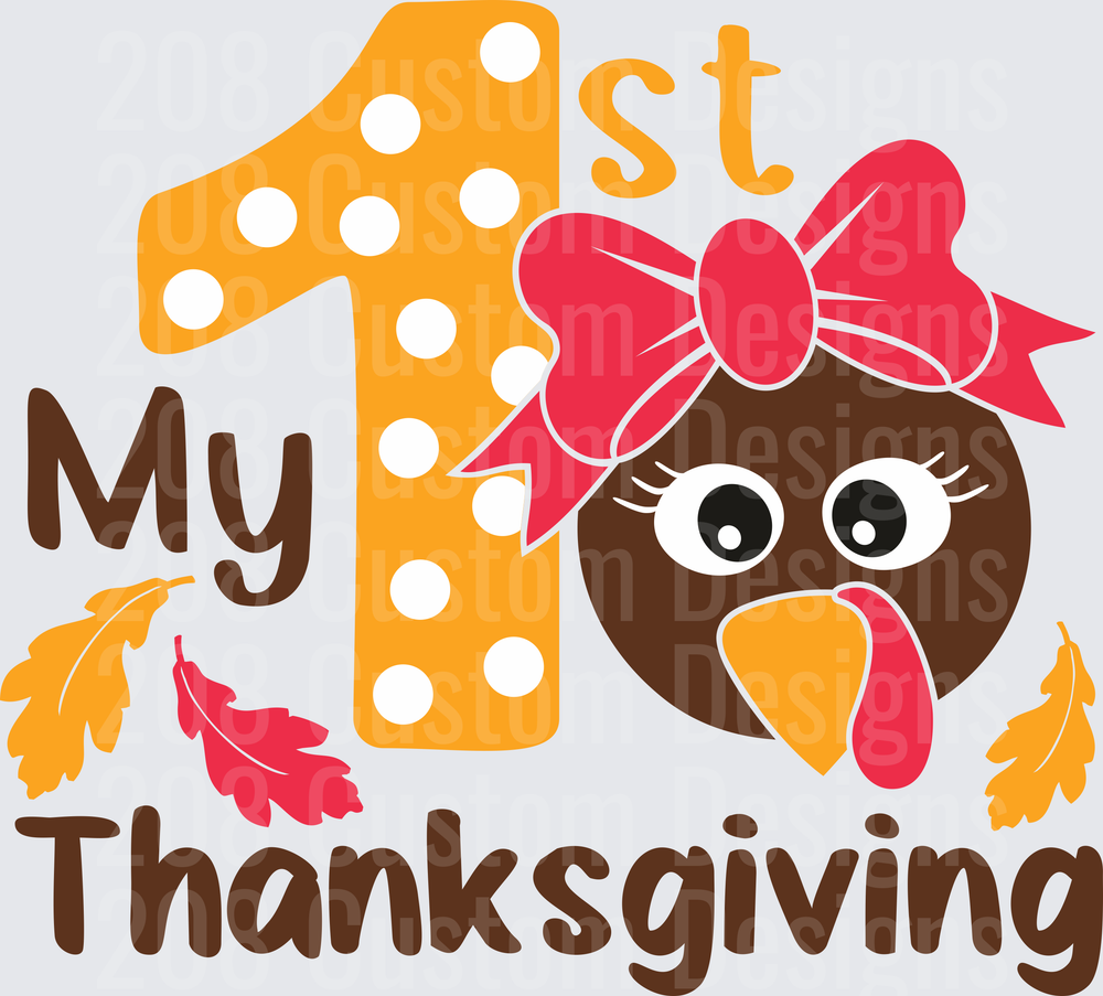 My 1st Thanksgiving Cute Girl Turkey with Bow and Fall Leaves