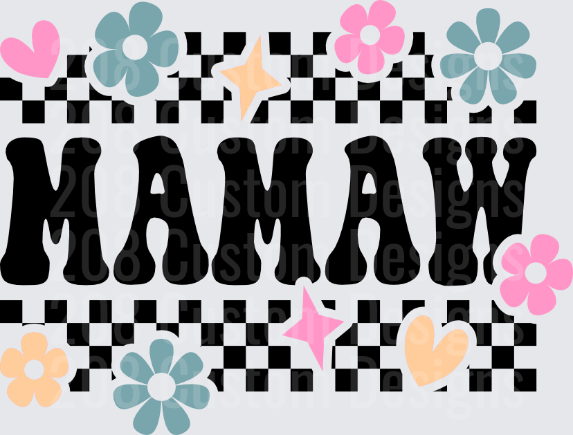 MAMAW Black Text with Checkered Pattern Flowers and Hearts