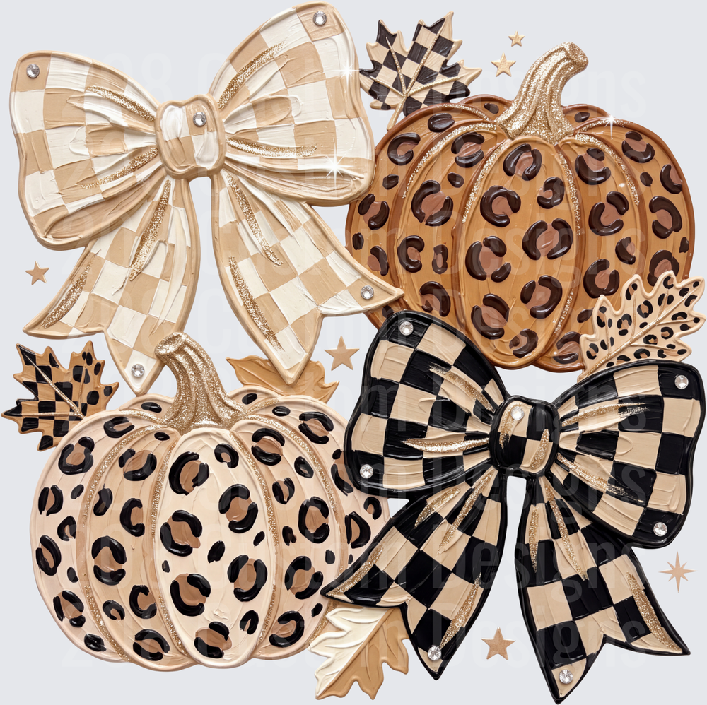 Leopard Print Checkered Pumpkins Bows Fall Autumn Glam