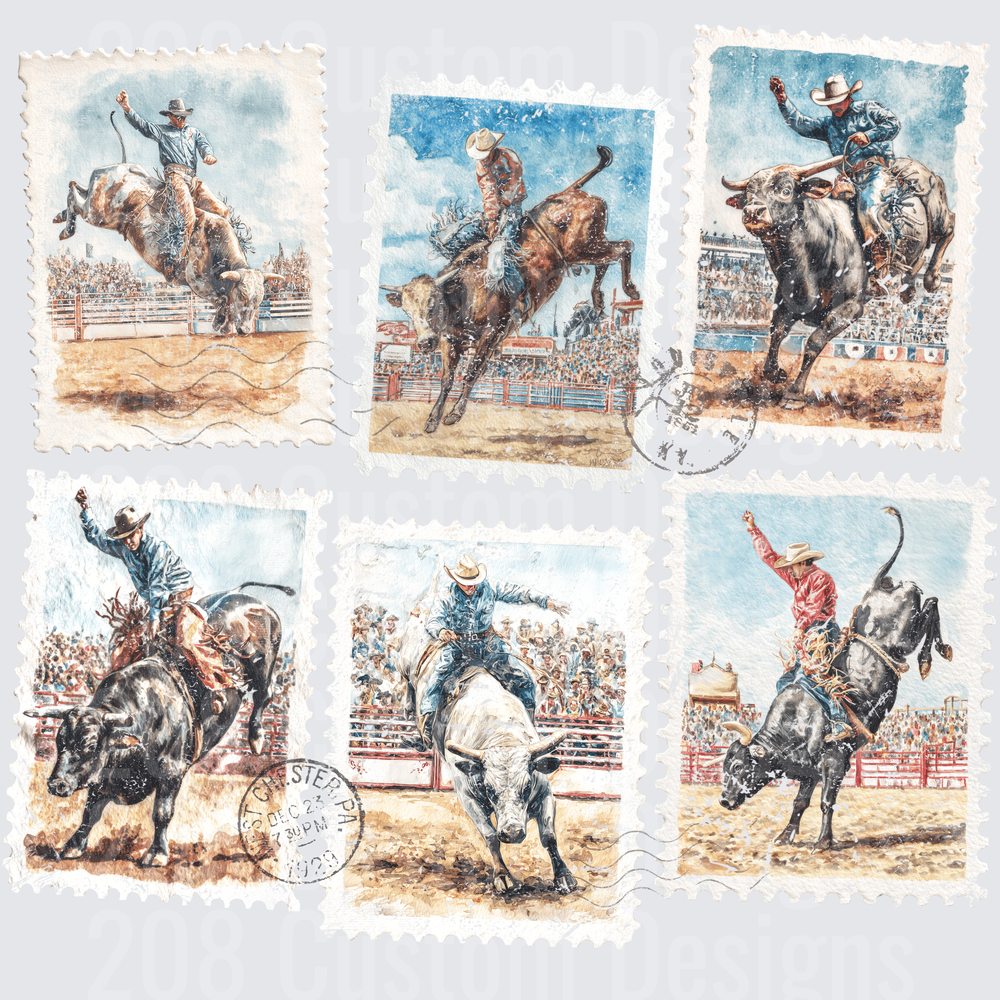 Vintage Rodeo Postage Stamps Bull Riding Cowboys Western