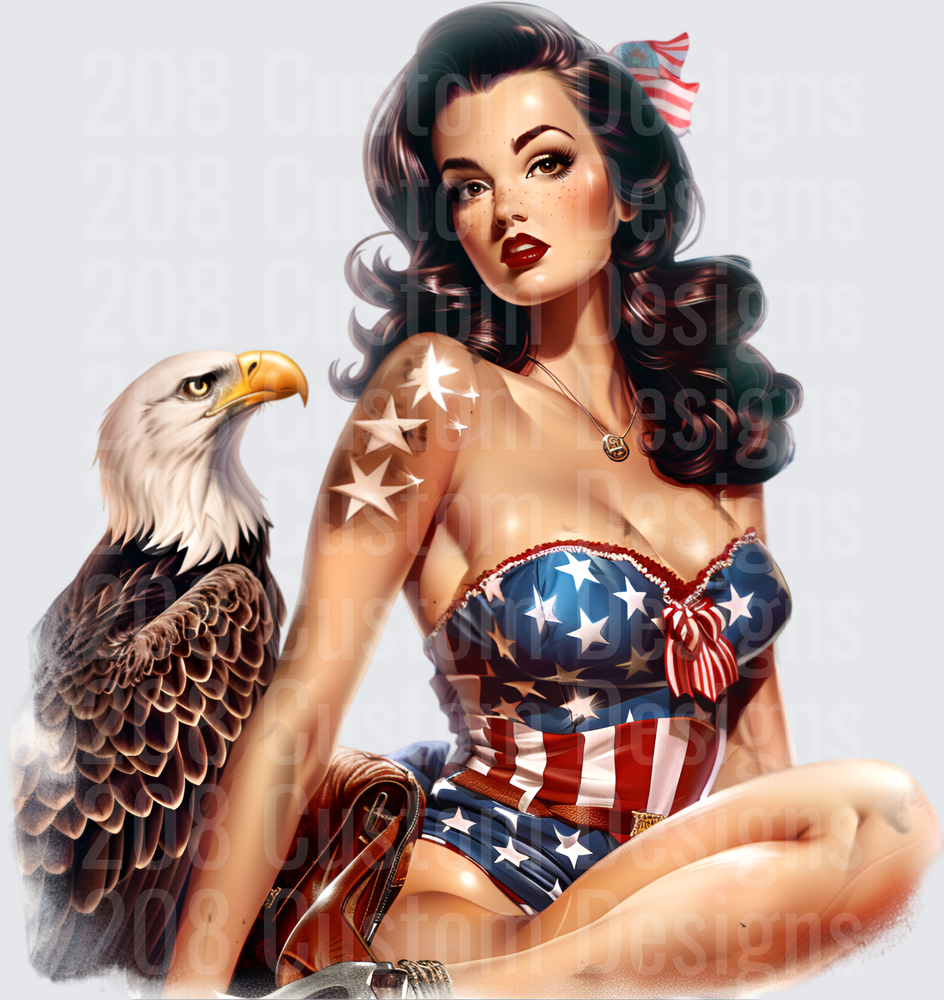Vintage Pin-Up Girl in Patriotic Stars and Stripes with Bald Eagle