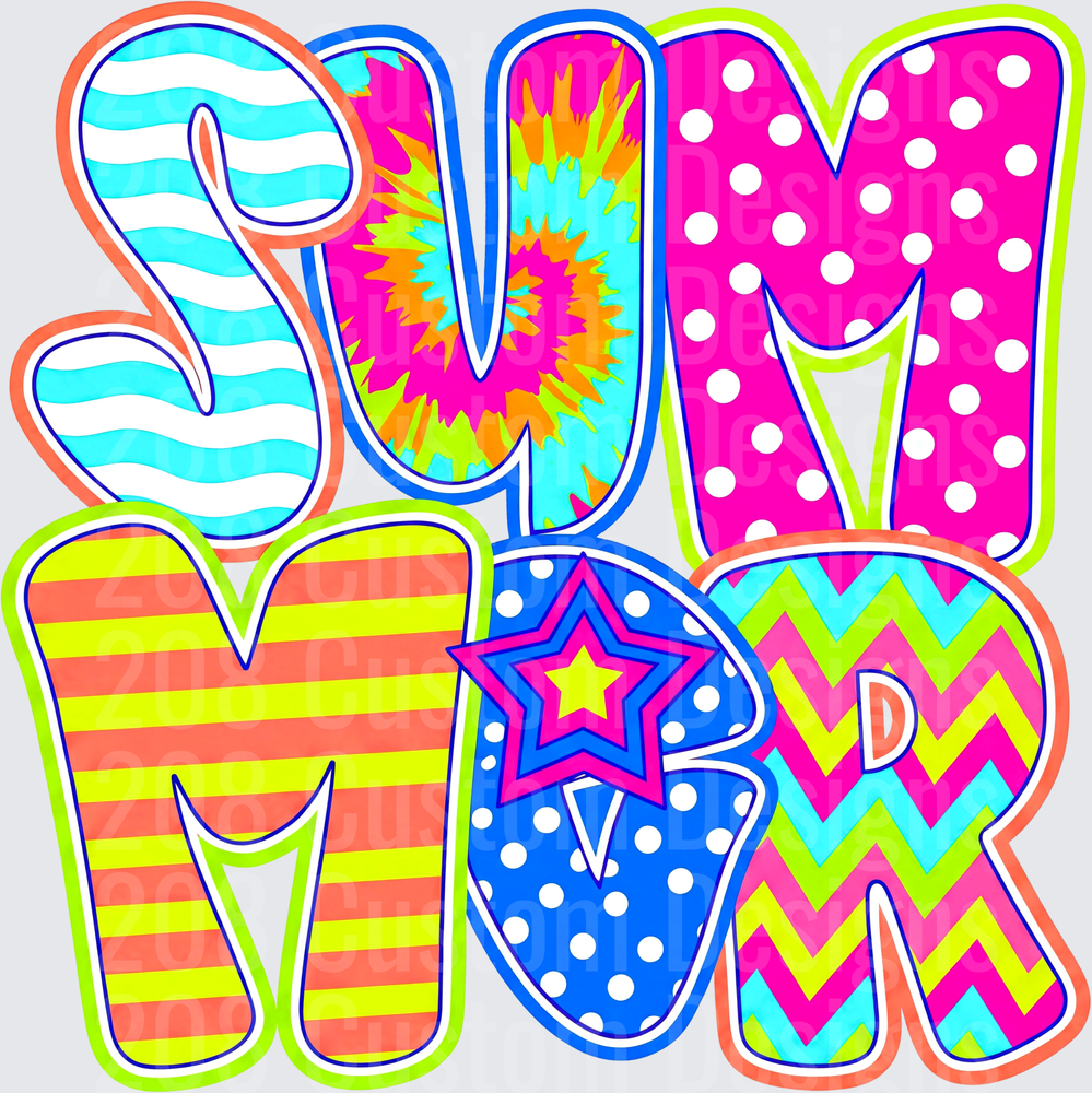 Colorful Patterned SUMMER Letters with Tie Dye and Polka Dots