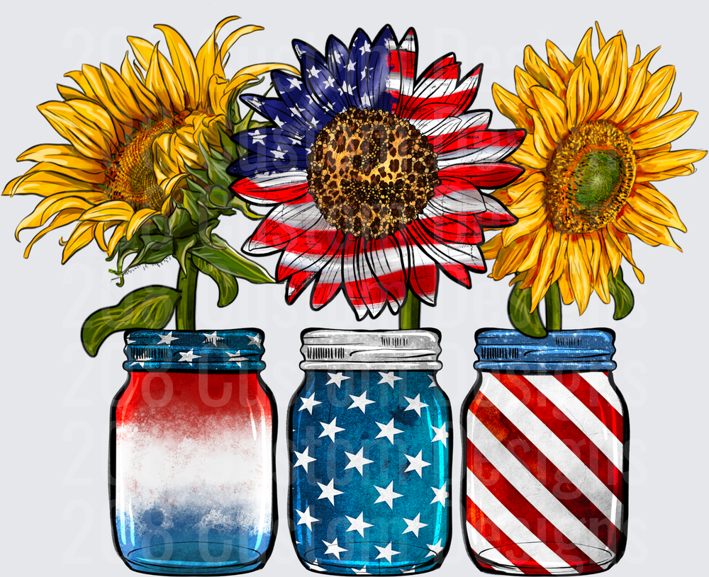 Patriotic Sunflowers in American Flag Mason Jars with Leopard Print Center