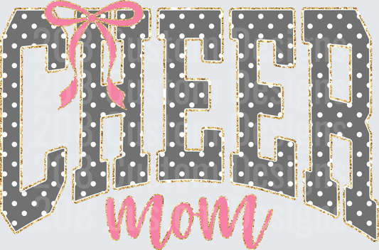 Cheer Mom Polka Dot Gold Glitter Letters Pink Bow