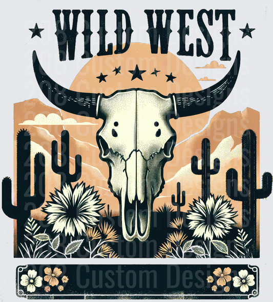 Wild West Bull Skull Desert Landscape with Cactus and Stars