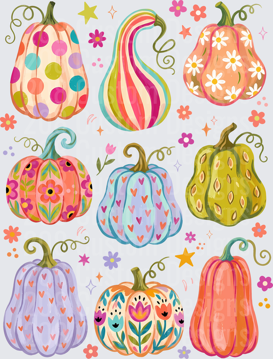 Colorful Boho Pumpkin and Gourd Collection with Floral Accents