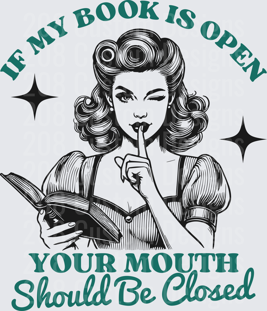Vintage Pin-Up Girl Reading Book with Shush Finger Gesture