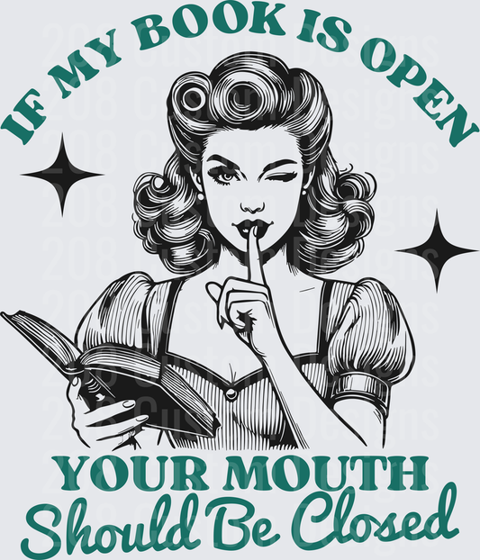 Vintage Pin-Up Girl Reading Book with Shush Finger Gesture