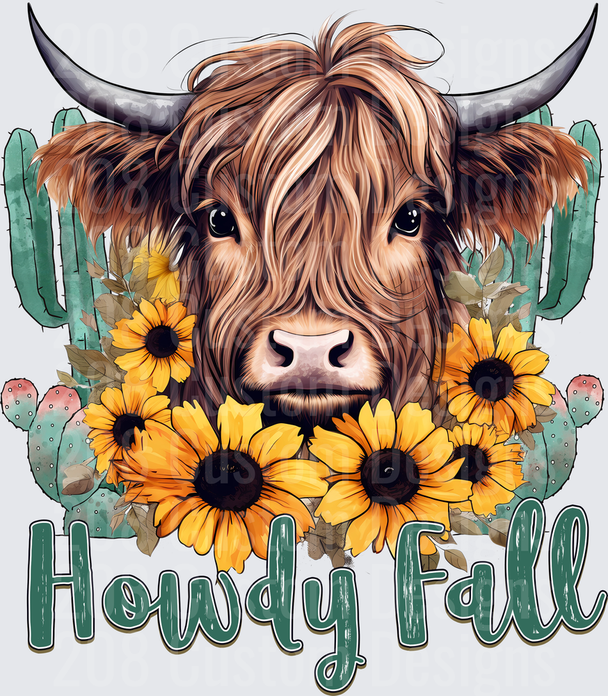 Highland Cow with Sunflowers and Cactus Howdy Fall Design