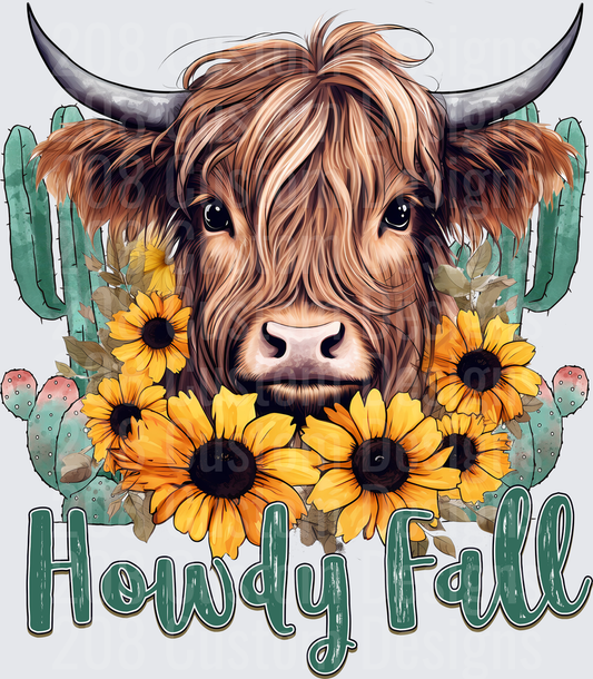 Highland Cow with Sunflowers and Cactus Howdy Fall Design