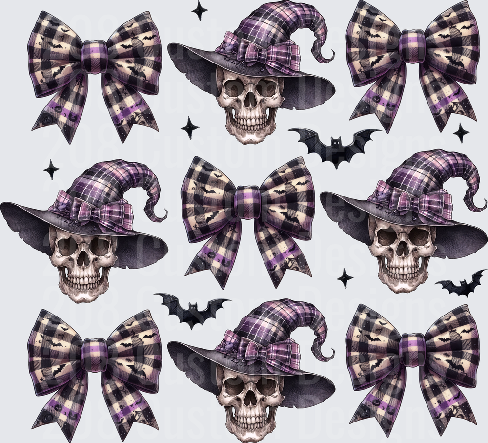 Halloween Skull Witch Hat Purple Plaid Bow Bat