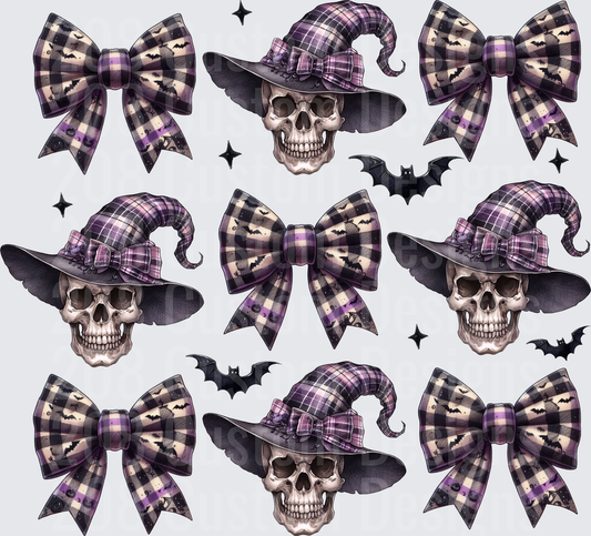 Halloween Skull Witch Hat Purple Plaid Bow Bat
