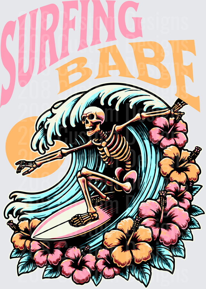 Surfing Babe Skeleton Riding Wave with Tropical Hibiscus Flowers