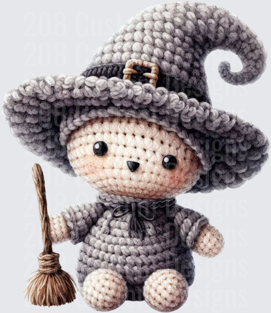 Cute Crochet Amigurumi Witch Bear with Broom Halloween