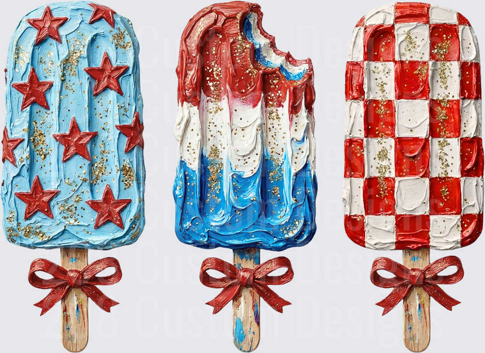 Patriotic Red White Blue Popsicles with Stars and Checkered Pattern