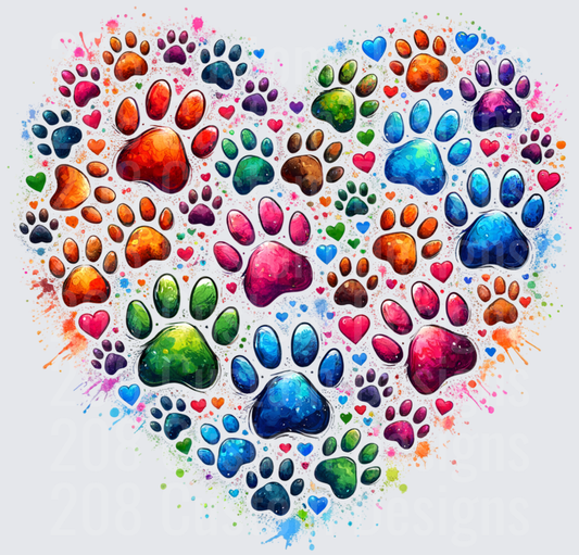 Colorful Dog Paw Prints Heart Shape with Paint Splatter