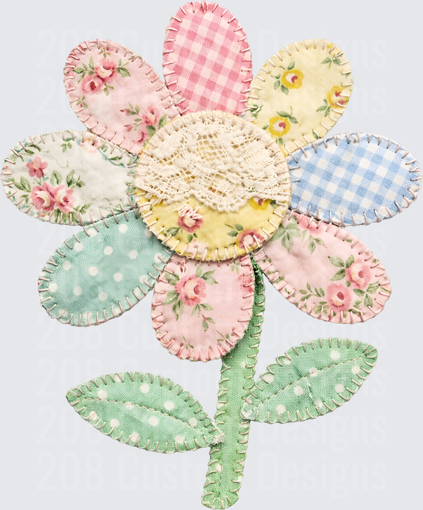 Vintage Patchwork Applique Flower with Lace Center and Stem