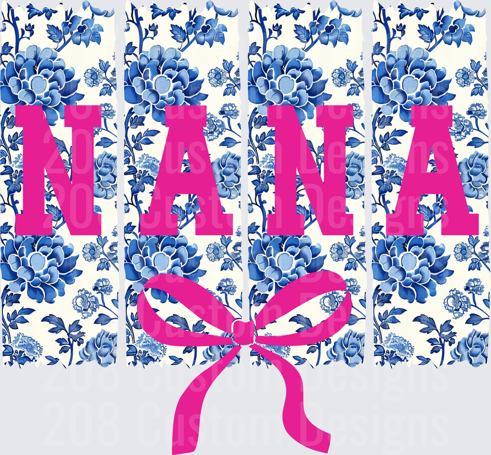 Nana Pink Lettering with Blue Floral Pattern and Bow