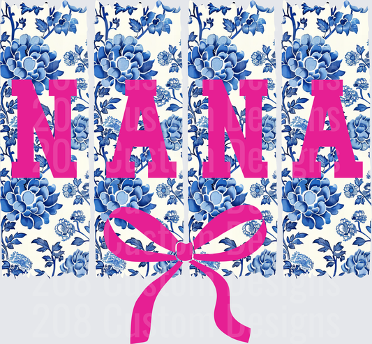 Nana Pink Lettering with Blue Floral Pattern and Bow