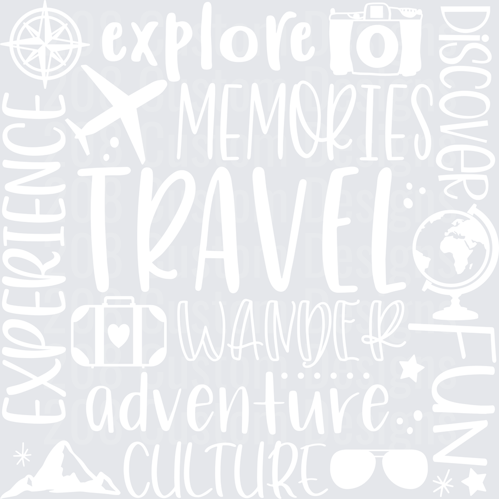 Travel Typography Word Art with Adventure Icons and Wanderlust Quote