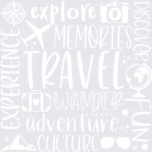 Travel Typography Word Art with Adventure Icons and Wanderlust Quote