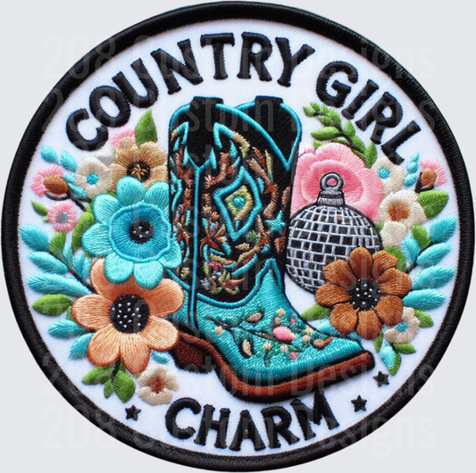 Country Girl Charm Embroidered Patch with Cowboy Boots and Flowers