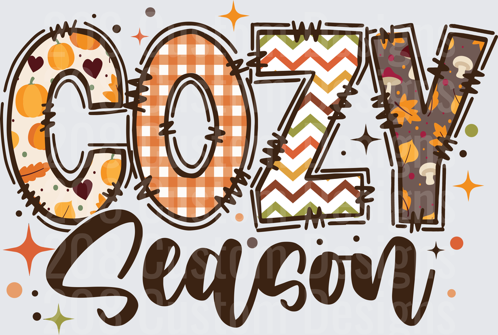 Cozy Season Fall Autumn Typography Design with Pumpkins and Leaves
