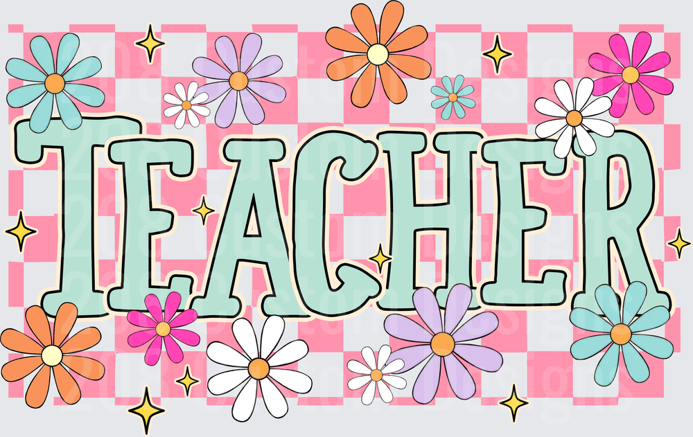 Retro Groovy Teacher Floral Checkered Daisy Design