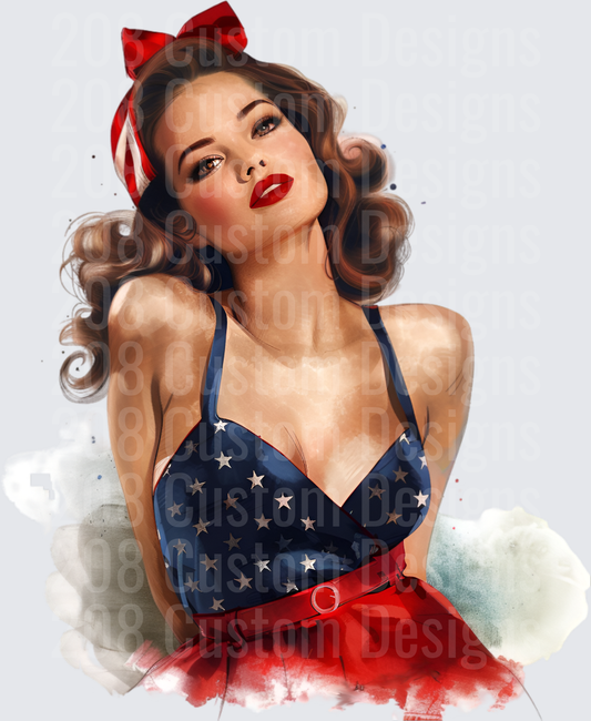 Vintage Pin-Up Girl in Patriotic Stars and Stripes Outfit with Red Bow