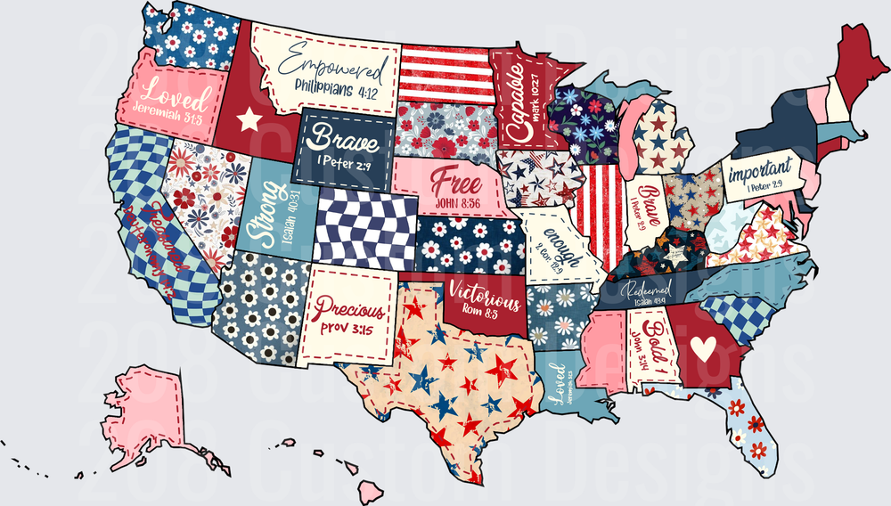 USA Map Patriotic Patterns by State