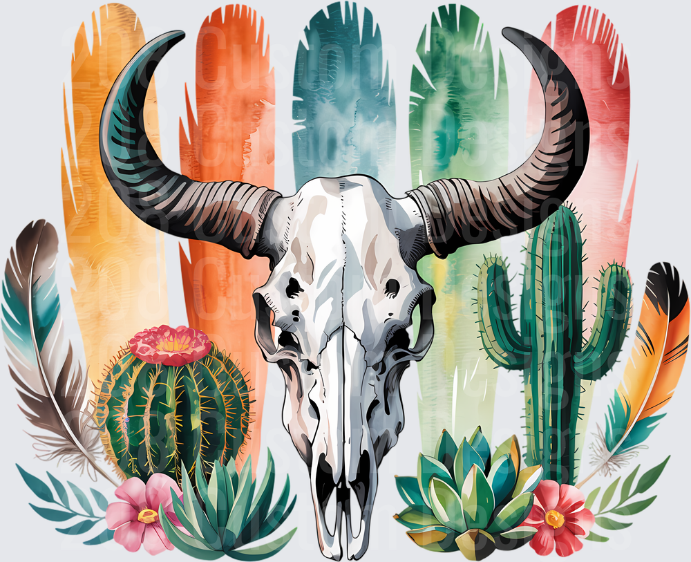 Boho Bull Skull with Desert Cacti and Watercolor Feathers