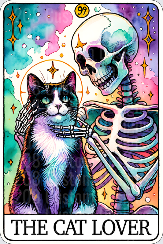 The Cat Lover Tarot Card with Skeleton and Rainbow Cat
