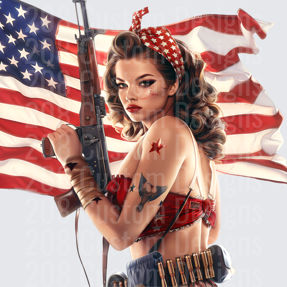 Patriotic Pin-Up Girl with Rifle and American Flag Background