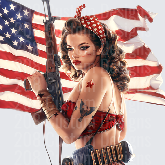 Patriotic Pin-Up Girl with Rifle and American Flag Background