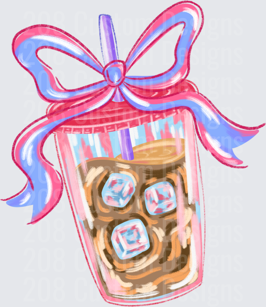 Iced Coffee Cup with Pink and Blue Ribbon Bow