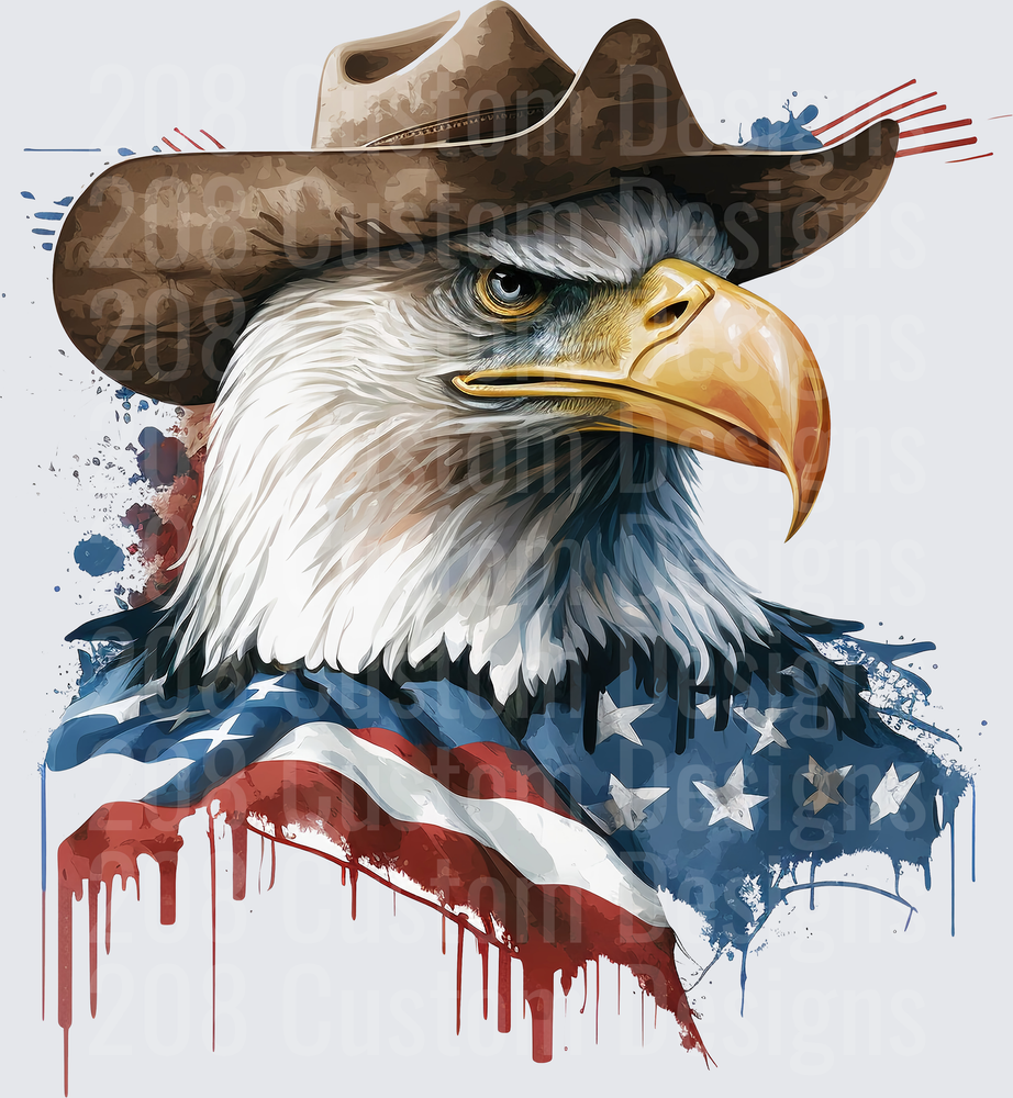Patriotic Bald Eagle Wearing Cowboy Hat with American Flag